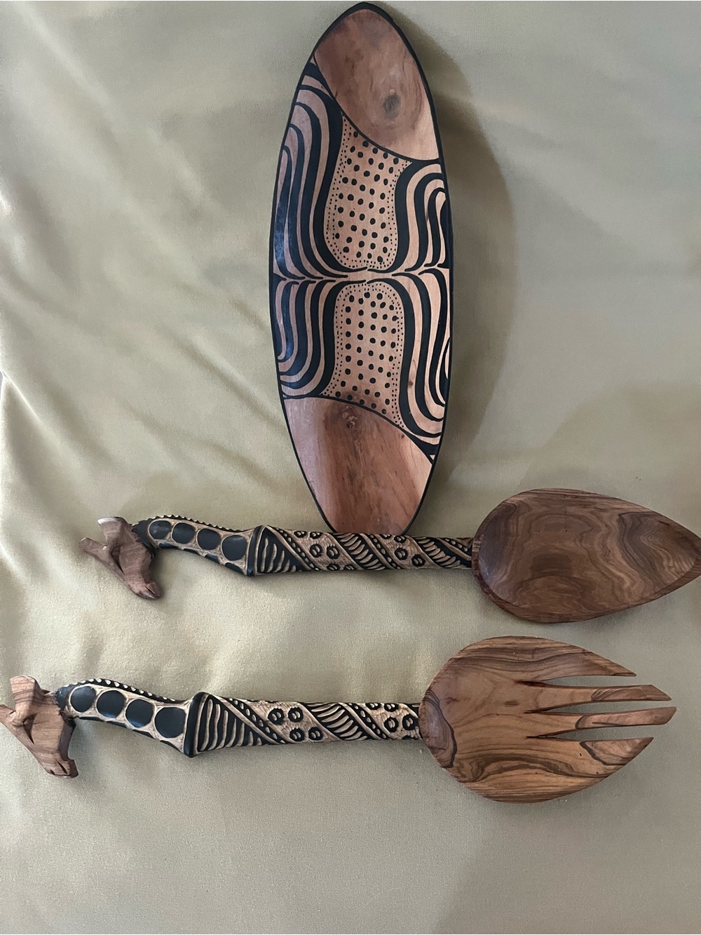 Set of African Design hand carved wood Salad Serving Fork & Spoon. w/Small Bowl - Picture 2 of 9